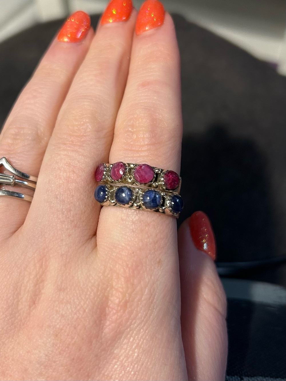 Women's Double Gemstone Stack Ring — Blue and Pink - Sterling Silver